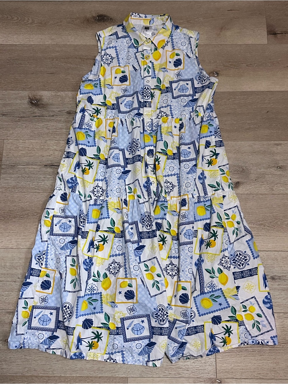 Sleeveless Lemon Print Midi Dress - White & Blue